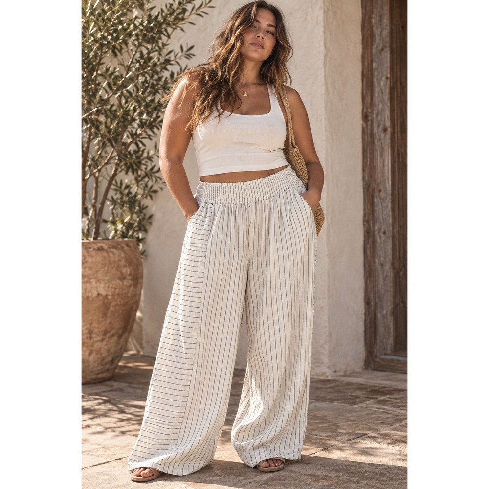 Cynthia Rowley Women 3X White Black Striped Smocked Wide Leg Gauze Pants NEW
